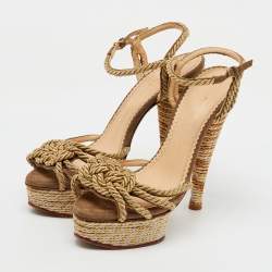 Charlotte Olympia Gold Metallic Rope and Suede Platform Ankle Strap Sandals Size 38