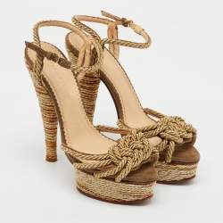 Charlotte Olympia Gold Metallic Rope and Suede Platform Ankle Strap Sandals Size 38