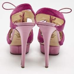 Charlotte Olympia Pink/Purple  Velvet Lace Up Platform Sandals Size 39.5