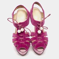 Charlotte Olympia Pink/Purple  Velvet Lace Up Platform Sandals Size 39.5