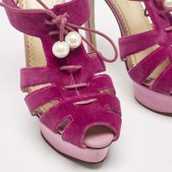 Charlotte Olympia Pink/Purple  Velvet Lace Up Platform Sandals Size 39.5