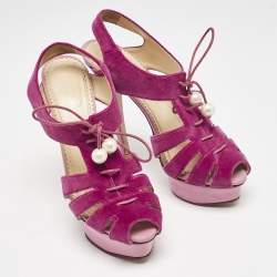 Charlotte Olympia Pink/Purple  Velvet Lace Up Platform Sandals Size 39.5