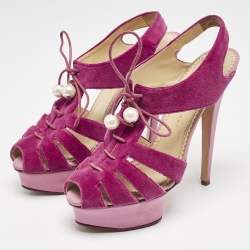 Charlotte Olympia Pink/Purple  Velvet Lace Up Platform Sandals Size 39.5