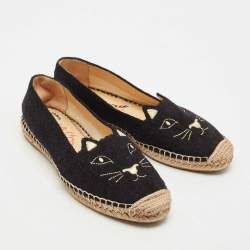 Charlotte Olympia Black Terry Fabric Kitty Espadrille Flats Size 38