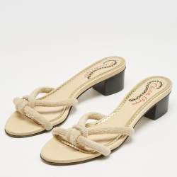 Charlotte Olympia Beige Fabric Knot Rope Slide Sandals Size 38
