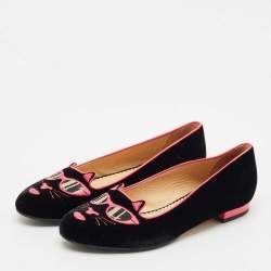 Charlotte Olympia x Barbie Collection Black/Pink Velvet Kitty Ballet Flats Size 37.5