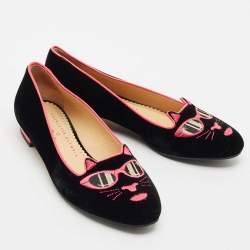 Charlotte Olympia x Barbie Collection Black/Pink Velvet Kitty Ballet Flats Size 37.5