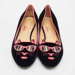 Charlotte Olympia x Barbie Collection Black/Pink Velvet Kitty Ballet Flats Size 37.5
