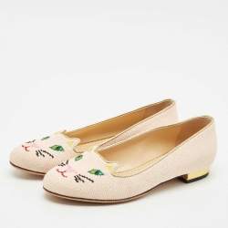 Charlotte Olympia Pink/Gold Canvas Kitty Ballet Flats Size 37.5