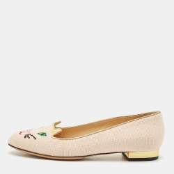 Charlotte Olympia Pink/Gold Canvas Kitty Ballet Flats Size 37.5