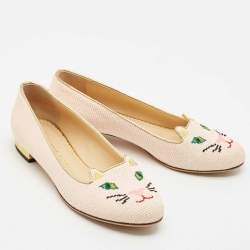 Charlotte Olympia Pink/Gold Canvas Kitty Ballet Flats Size 37.5