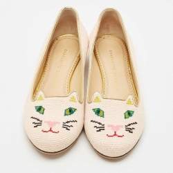 Charlotte Olympia Pink/Gold Canvas Kitty Ballet Flats Size 37.5