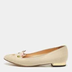 Charlotte Olympia Light Gold Fabric Kitty Crystals Ballet Flats Size 37.5
