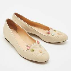 Charlotte Olympia Light Gold Fabric Kitty Crystals Ballet Flats Size 37.5