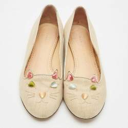 Charlotte Olympia Light Gold Fabric Kitty Crystals Ballet Flats Size 37.5