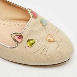 Charlotte Olympia Light Gold Fabric Kitty Crystals Ballet Flats Size 37.5