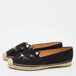Charlotte Olympia Black Canvas Kitty Espadrille Flats Size 38