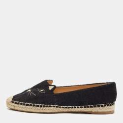 Charlotte Olympia Black Canvas Kitty Espadrille Flats Size 38