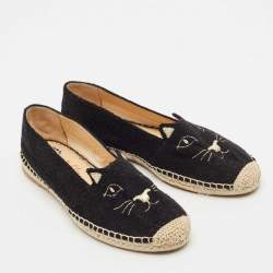 Charlotte Olympia Black Canvas Kitty Espadrille Flats Size 38