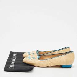 Charlotte Olympia Cream/Blue Raffia Kitty Ballet Flats Size 38