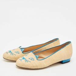Charlotte Olympia Cream/Blue Raffia Kitty Ballet Flats Size 38