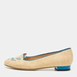 Charlotte Olympia Cream/Blue Raffia Kitty Ballet Flats Size 38