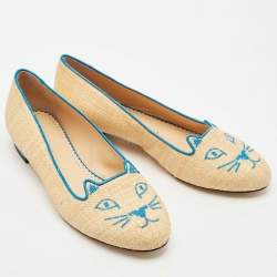 Charlotte Olympia Cream/Blue Raffia Kitty Ballet Flats Size 38