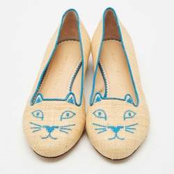 Charlotte Olympia Cream/Blue Raffia Kitty Ballet Flats Size 38