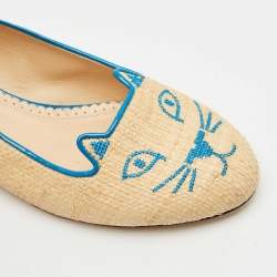 Charlotte Olympia Cream/Blue Raffia Kitty Ballet Flats Size 38