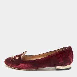 Charlotte Olympia Red Velvet Kitty Smoking Slippers Size 38