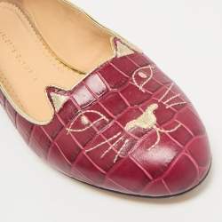 Charlotte Olympia Burgundy Croc Embossed Leather Smoking Slippers Size 38.5
