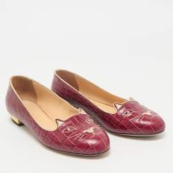 Charlotte Olympia Burgundy Croc Embossed Leather Smoking Slippers Size 38.5