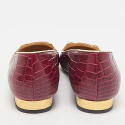 Charlotte Olympia Burgundy Croc Embossed Leather Smoking Slippers Size 38.5