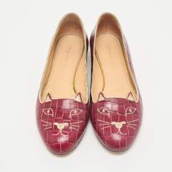 Charlotte Olympia Burgundy Croc Embossed Leather Smoking Slippers Size 38.5