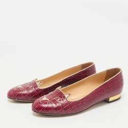 Charlotte Olympia Burgundy Croc Embossed Leather Smoking Slippers Size 38.5