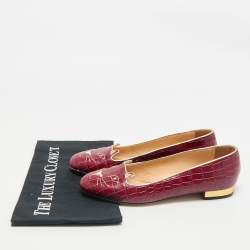 Charlotte Olympia Burgundy Croc Embossed Leather Smoking Slippers Size 38.5