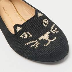 Charlotte Olympia Black Canvas Kitty Smoking Slippers Size 37.5