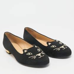 Charlotte Olympia Black Canvas Kitty Smoking Slippers Size 37.5