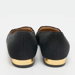 Charlotte Olympia Black Canvas Kitty Smoking Slippers Size 37.5