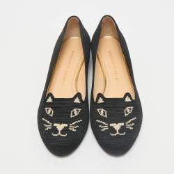 Charlotte Olympia Black Canvas Kitty Smoking Slippers Size 37.5