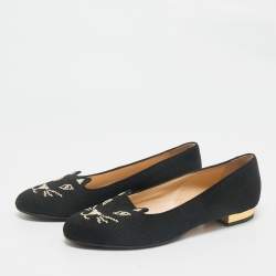 Charlotte Olympia Black Canvas Kitty Smoking Slippers Size 37.5