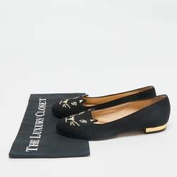 Charlotte Olympia Black Canvas Kitty Smoking Slippers Size 37.5