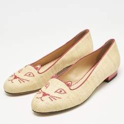 Charlotte Olympia Beige Raffia Kitty Smoking Slippers Size 38
