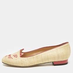 Charlotte Olympia Beige Raffia Kitty Smoking Slippers Size 38