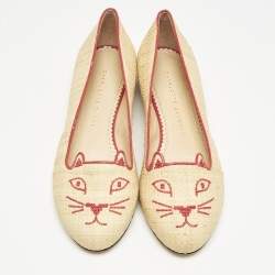 Charlotte Olympia Beige Raffia Kitty Smoking Slippers Size 38