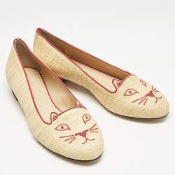 Charlotte Olympia Beige Raffia Kitty Smoking Slippers Size 38