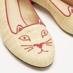 Charlotte Olympia Beige Raffia Kitty Smoking Slippers Size 38