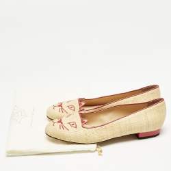 Charlotte Olympia Beige Raffia Kitty Smoking Slippers Size 38