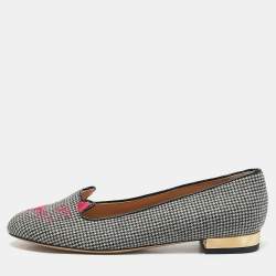 Charlotte Olympia Grey Canvas Emoticats Smoking Slippers Size 38