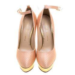 Charlotte Olympia Peach Quilted Satin Dolores Ankle Strap Platform Pumps Size 39